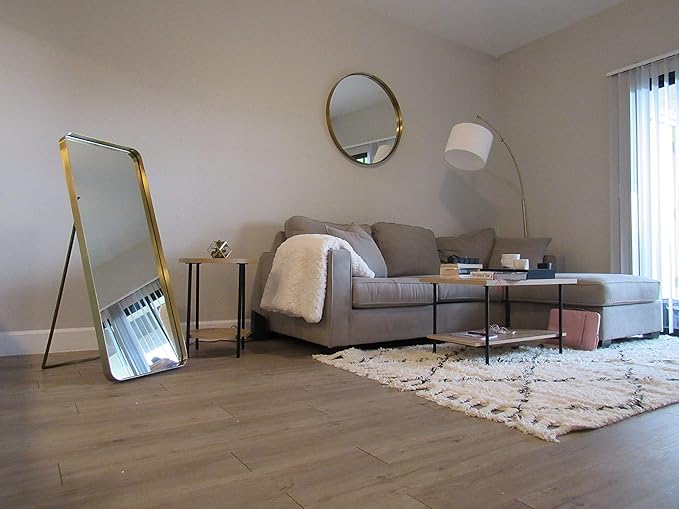 Gold Rectangular Mirror 48 inch Tall | Wall Mounted or Free Standing Floor Mirror | Full Size with Stainless Steel Frame and Rounded Corners | Full Length Mid Century Modern Design by Wall Charmers