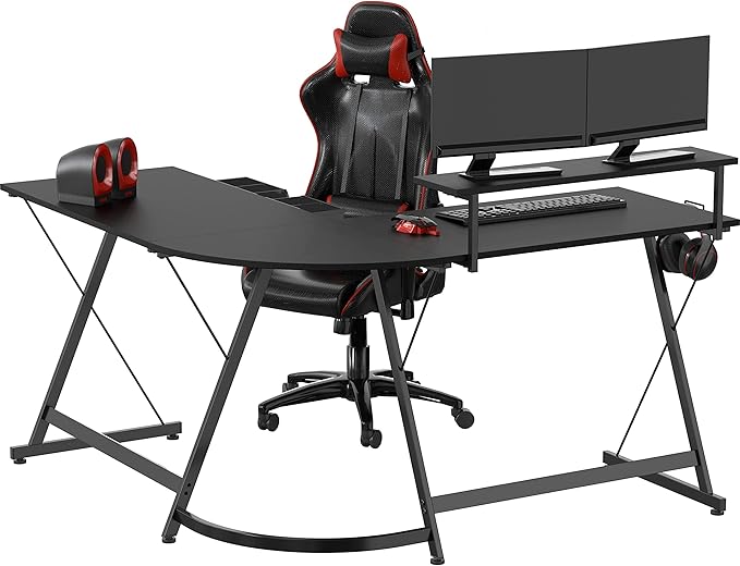SHW 51 x 51 Inches Vista L-Shaped Desk with Monitor Stand and Drawer, Black