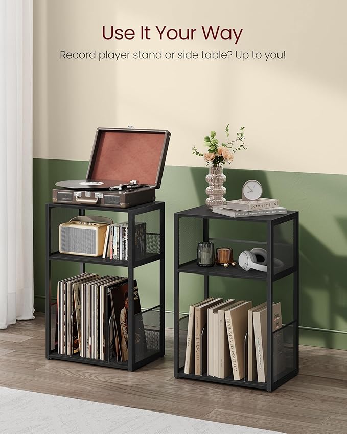 VASAGLE Record Player Stand, 3-Tier Side Table, Vinyl Record Storage up to 100 Albums, End Table for Living Room, Bedroom, Ebony Black ULET275B01