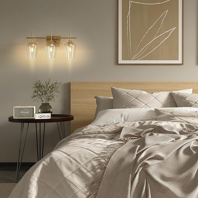 VONLUCE Bathroom Vanity Light, 3 Light Bathroom Light Fixture Over Mirror, Bathroom Wall Lamp with Clear Glass, Modern Gold Vanity Lighting fixtures for Bathroom, Bedroom, Hallway