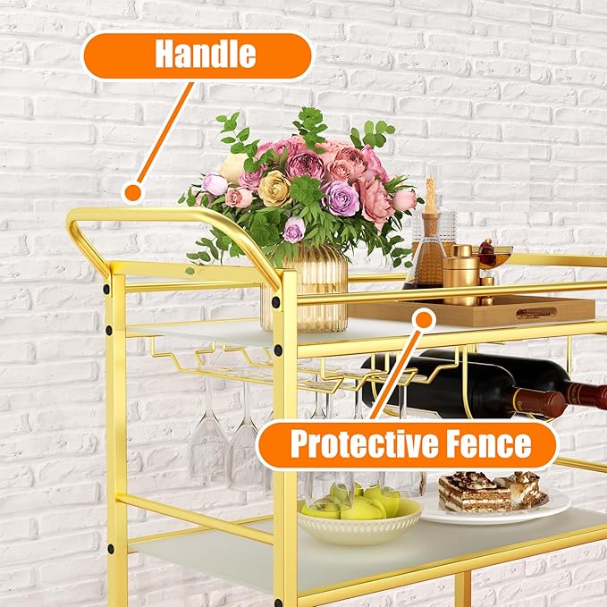 Gold Bar Cart, Serving Cart for Home, Rolling Beverage Cart with Wheels, Wine Cart, 3-Tier Drink Carts with Wine Rack, Glass Holder, Stylish Glass Shelf, for Kitchen, Living Room