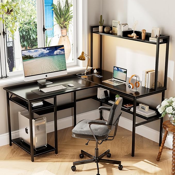L Shaped Computer Desk with Hutch and Storage Shelves, Gaming Desk with LED Lights, Reversible L-Shaped Desk with Power Outlets, Home Office Desk, Corner Desk, Black