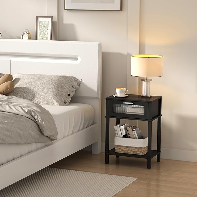 Nightstand Wooden Bedside Table with Drawer Black Night Stands Modern Style Small End Table Side Table with Storage Shelf for Bedroom Living Room MLBZ10B