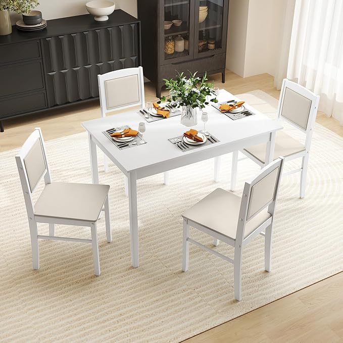 Giantex 5-Piece Dining Table Set for 4 - Breakfast Nook Table Set with Kitchen Table, 4 Upholstered Chairs, Wood Legs, Space-Saving Dinette Set, Kitchen Table Chairs Set of 4 (White+Beige)