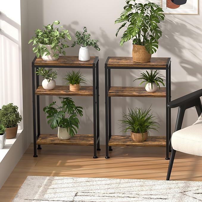 Narrow Side Table for Small Space, 3-Tier Small End Table with Shelf Holder, Slim Nightstand, Skinny Snack Couch Table in Living Room, Bedroom, Study, Kitchen and Balcony(Rustic Brown