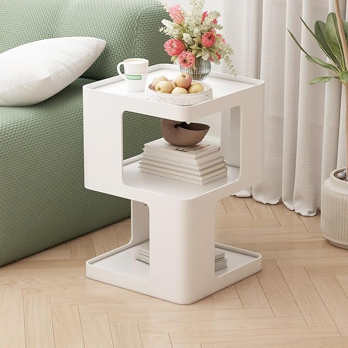 White Nightstands, Modern Side Table with 3 Tiers Storage, White End Table for Couch, Living Room Bedroom, Bedside Tables No Assembly Required