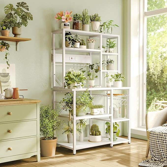 SUPERJARE Large Bakers Rack with Power Outlets, 6-Tier Microwave Stand, Coffee Bar with 12 S-Shaped Hooks, Kitchen Shelf with Wire Basket, 39.3 x 15.5 x 66.9 Inches, White