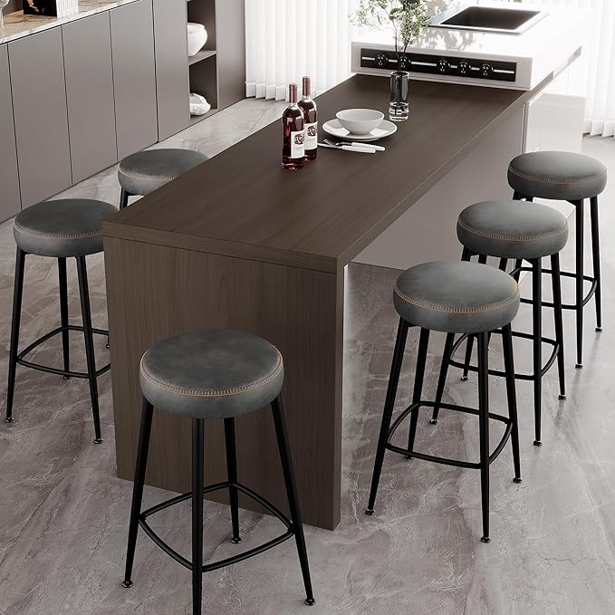 Counter Height Bar Stools, 26" H Backless Bar Stools Set of 2, Upholstered Faux Leather Kitchen Counter Stools, Mid Century Modern, Kitchen Island Home Bar, Pub, Black Grey