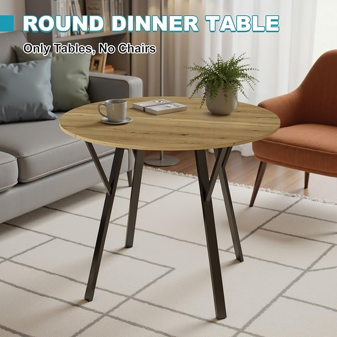 35" Round Dining Table for 4, Modern Small Circle Dinner Table Farmhouse Round Kitchen Tables with Metal Legs for Dining Room, Kitchen, Living Room, Light Brown & Black