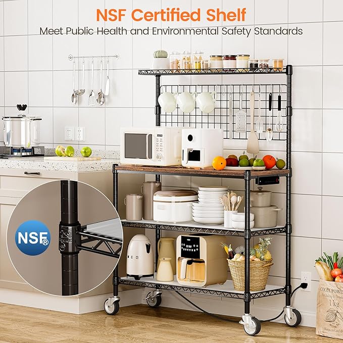 Leteuke Bakers Rack with Power Outlet & Storage, 36 Inch Microwave Stand Kitchen Cart, 4-Tier Metal Kitchen Shelves Cart with Wheels & 20 S-Hooks for Kitchen, NSF Certified, 63 x 18 x 36 Inch-Black