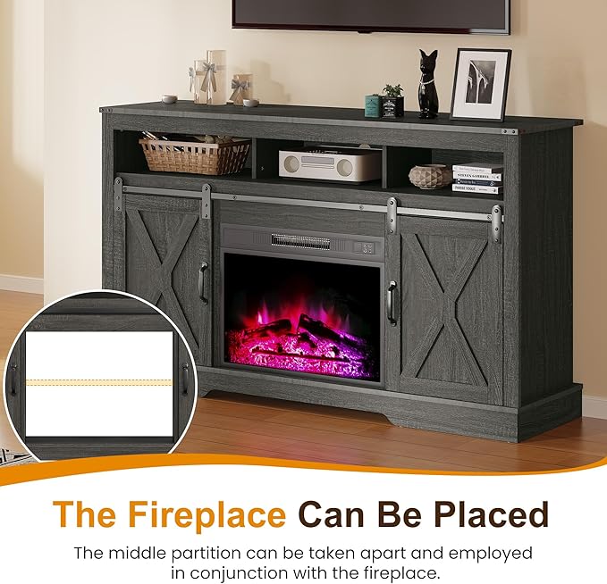 RoyalCraft Farmhouse TV Stand for 23" Fireplace, 34'' Tall Entertainment Center for 65+ Inch TV, 34" Tall Rustic TV Console with Sliding Bar Door for Living Room, Dark Grey