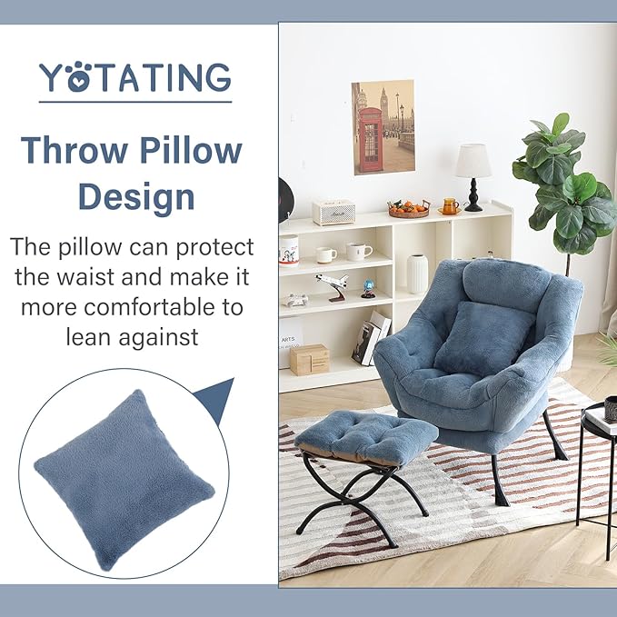 Lazy Chair with Ottoman, Comfy Reading Lounge Chair with Footstool & Throw Pillow Modern with Armrests & Side Pocket for Living Room, Bedroom, Dorm Room, Plush Light Blue