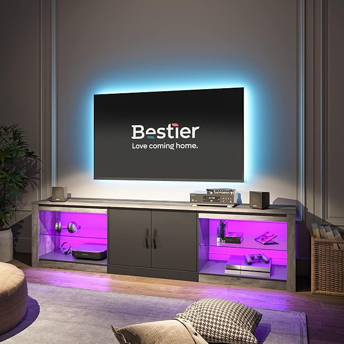 Bestier 70 Inch Led TV Stand for 75 Inch TV Large Entertainment Center Gaming with Adjustable Glass Shelves Two Cabinets Modern TV Console for Living Room 22 RGB Modes, Wash Gray