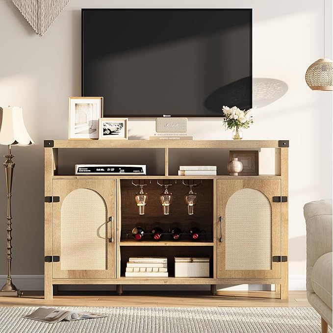 IDEALHOUSE Rattan Buffet Cabinet with Storage, Rattan Wine Bar Cabinet, Sideboard with Glass Holder, Adjustable Shelves, Coffee Bar Cabinet for Living Room Dining Room Hallway, Natural