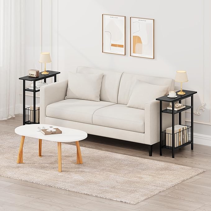 Vagusicc Narrow Side Table, 3-Tier Skinny End Table for Couch, Small side Tables for Small Spaces, Bed Side Table with Storage, 25.2" Tall Slim Nightstand Bedside table for Living Room, Bedroom, Black