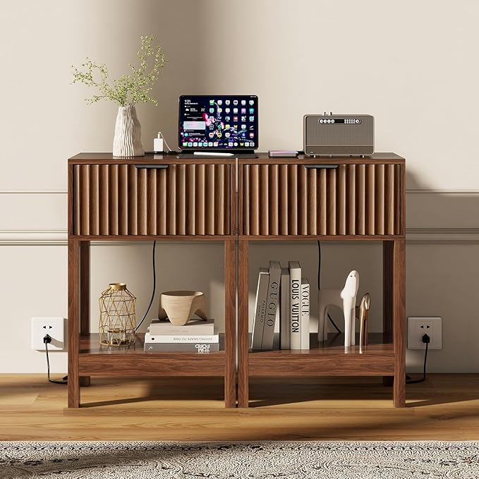 Night Stand Set 2, Fluted Nightstand with Charging Station, Wood Bedside Table with Drawer & Storage Shelf, Modern End Tables for Bedroom Sofa Couch Office, Walnut