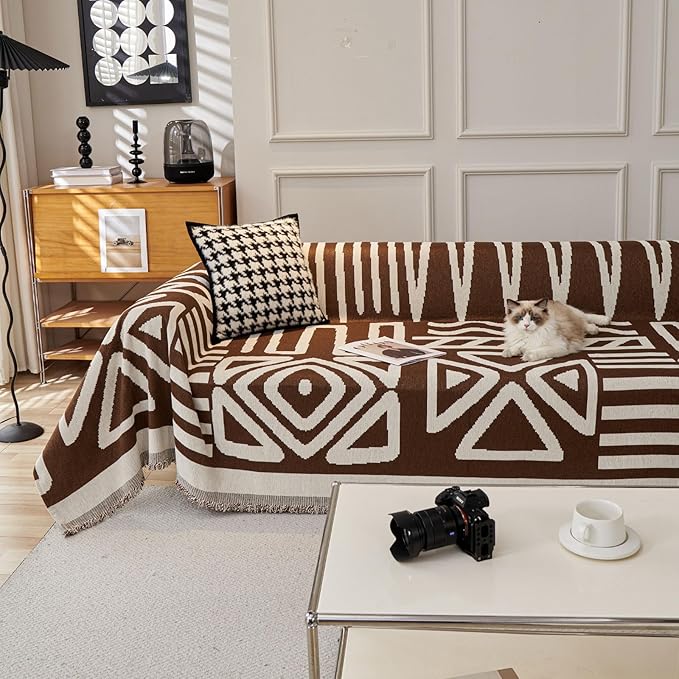 STACYPIK Sofa Covers Decorative, Boho Couch Cover for Sectional, Chocolate Sofa Protector for 3 Cushion Couch, Multi-Use Sofa Cover for Dogs with Tassles, Washable Sofa Slipcover for Loveseat-71X134IN