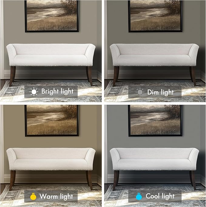 Madison Park Accent Bench for Living Room, Upholstered with Nailhead Trim, & Padded Seat Entryway Bench Small, End of Bed Bench with Back, 49.5" W x 19.25" D x 23" H, White Cream