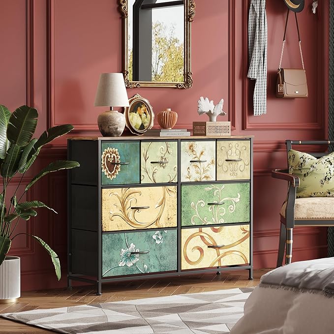 WLIVE 8 Drawer Dresser for Bedroom, Wide Fabric Dresser Storage Organizer, Chest of Drawers with Wood Top, Sturdy Steel Frame, Dressers for Living Room, Closet, Hallway, Floral Painted