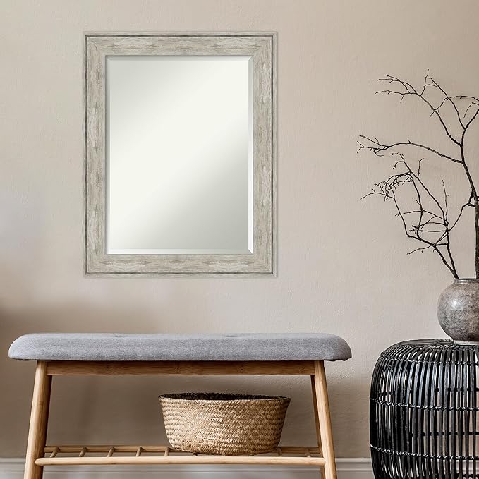 Amanti Art Silver Bathroom Mirror for Over Sink, 29x23 Crackled Metallic Rectangle Vanity Mirror, Medium Rustic Farmhouse Frame, Hangs Horizonally and Vertically, Bathroom Wall Decor, Beveled Edge