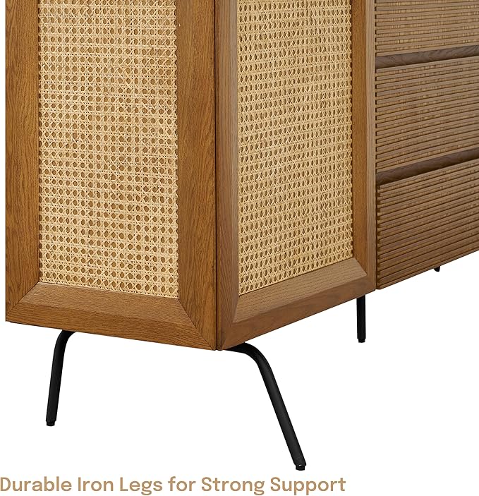 NTC MOSSIC Sideboard with 2 Doors and 3 Drawers, Buffet Cabinet with Natural Rattan and Metal Legs, Modern Storage Cabinet for Living Room, and Hallway, Effortless Assembly - Rustic Oak