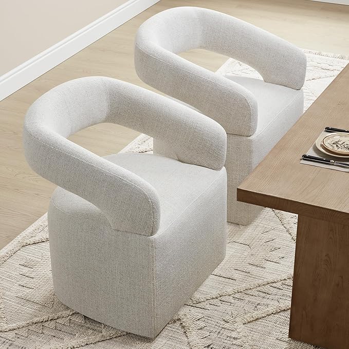 Upholstered Dining Chairs with Casters Modern Barrel Side Armchair with Rollers for Diningroom Bedroom Livingroom Reading Room, Beige, 4PCS
