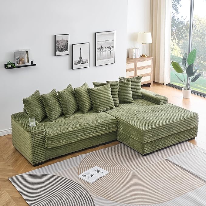 KEIKI 114" Corduroy Sofa with Cup Holders & Storage, L Shaped Sleeper Cloud Couch Set w/Reversible Chaise Lounge, Living Room Oversized Upholstered SofaBed for Apartment, Easy Assembly, Green