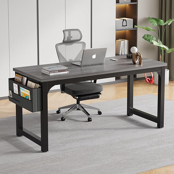Large Computer Desk - 63 Inch Home Office Desks Study Student Writing Table Gaming Desk Wood Modern Simple Table with Storage Bag & Headphone Hooks, Grey