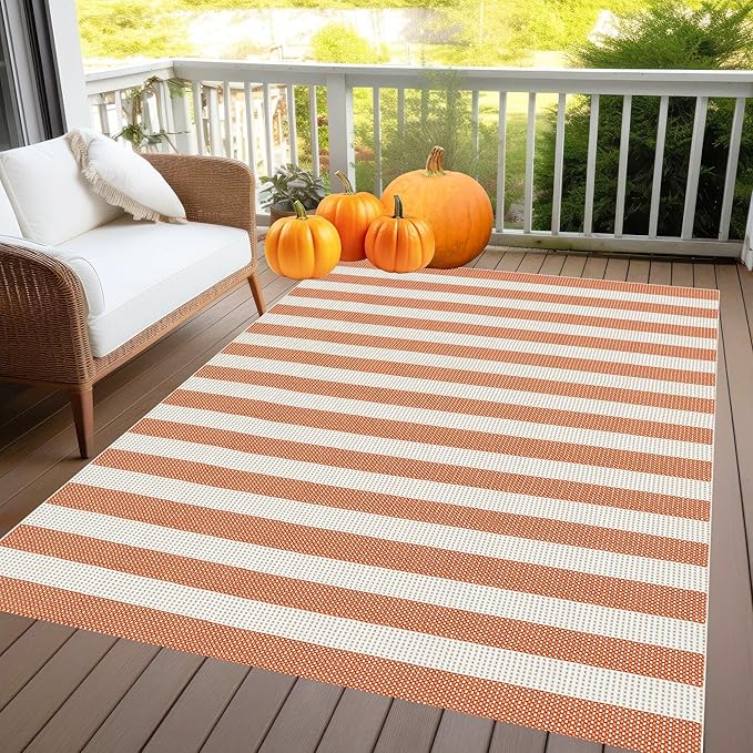 OJIA Outdoor Patio Rug 5'x7', Striped Outdoor Rugs Washable Checkered Area Rugs Cotton Woven Indoor Accent Rugs for Bedroom/Living Room/Front Porch/Deck/Backyard/Camping (Orange/White/Tan)