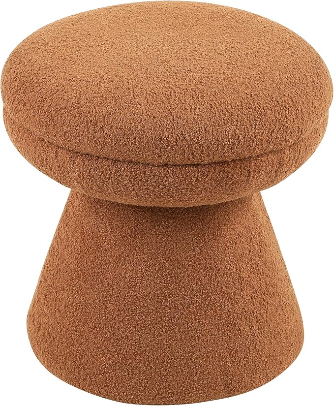 Furniture of America Rami Modern 18-inch Mushroom-Shape Upholstered Ottoman with Tapered Pedestal, Vanity Stool Chair, Small Foot Stool for Bedroom, Living Room, Entryway, Saddle Brown