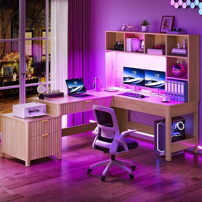 YITAHOME L Shaped Desk with Hutch and Drawers, 67" Computer Desk Gaming Desk with Power Outlets & LED Lights, Wood Home Office Desk with Printer Stand, Fluted Sturdy Writing Workstation, Natural Oak