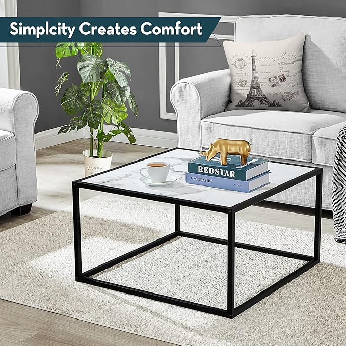 SAYGOER White Coffee Table,Small Square Coffee Table,Modern Center Table for Living Room Office 27.6 * 27.6 * 15.7 Inch, Easy Assembly, White Faux Marble Top