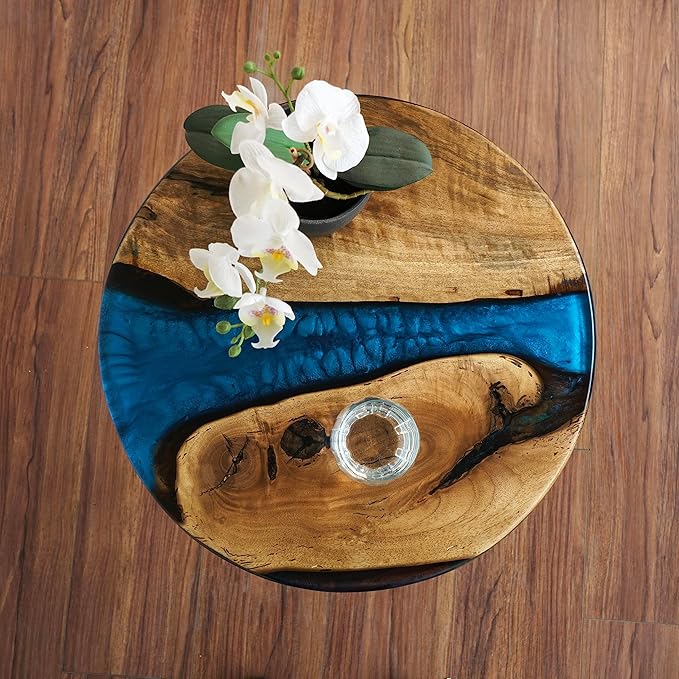 20" Resin Walnut Round Side Table | Epoxy End Table | Coffee Table | Mid Century Modern Resin Walnut | Living Room Furniture | Blue Color
