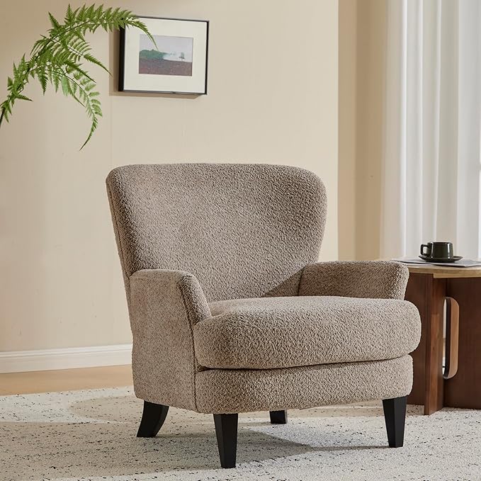 Christopher Knight Home Colby Boucle Upholstered Club Chair, Living Room Accent Chair, Wooden Frame, Flared Armrest, Plush Thick Cushion, Reading Lounge Chair, Space-Saving Furniture, Light Brown