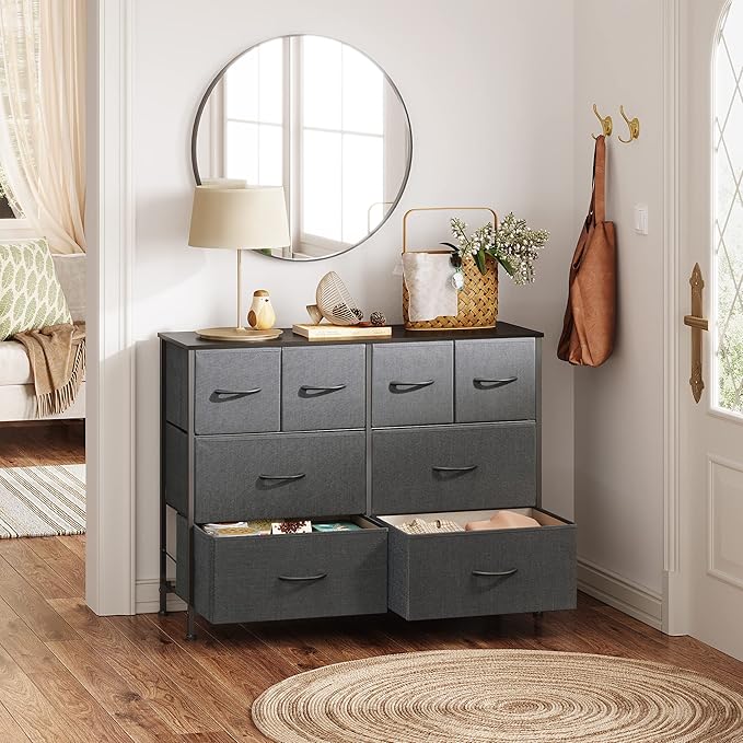 WLIVE Dresser for Bedroom with 8 Drawers, Wide Fabric Dresser for Storage and Organization, Chest of Drawers, Dressers for Living Room, Closet, Hallway, Dark Grey