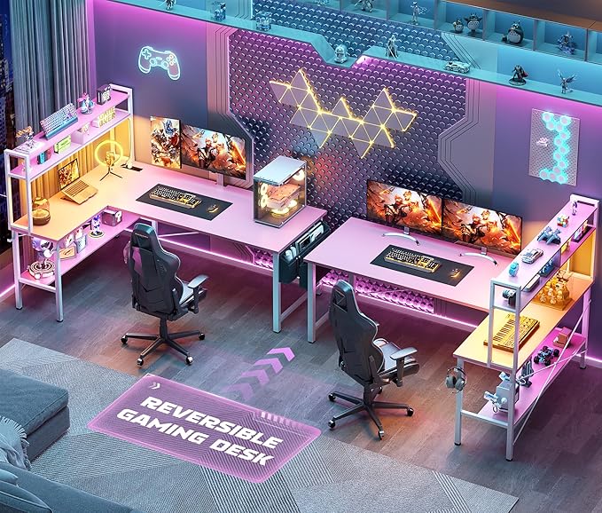 Aheaplus L Shaped Desk Gaming Desk, 59" L Shaped Computer Desk with LED Light & Power Outlet, Reversible Home Office Desk Gamer Desks with Shelves & Storage Bag & Hooks, Corner PC Desk, Pink