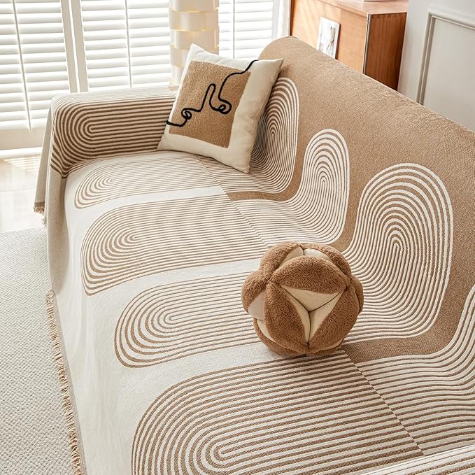 STACYPIK Modern Beige Geometric Couch Cover for Dog Boho Reversible Sofa Covers for 3 Cushion Couch Washable Furniture Protector Chenille Sofa Slipcover Loveseat Cover Multi-Use Throw Blanket-71X134IN