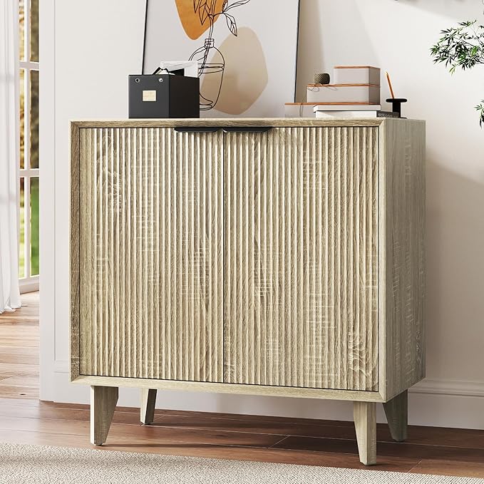 Fluted Cabinet with Storage, Small Buffet Storage with Doors, Buffet Sideborad Accent Cabinet with Adjustable Shelves for Living Room, Kitchen, Entry, Hallway, Natural