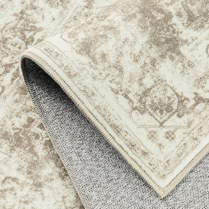5x7 Washable Area Rug Brown Neutral Carpet for Living Room Bedroom Distressed Vintage Low Pile Soft Non-Slip Lightweight Vacuumable Throw Rug for Dining Room Office Kitchen Dorm