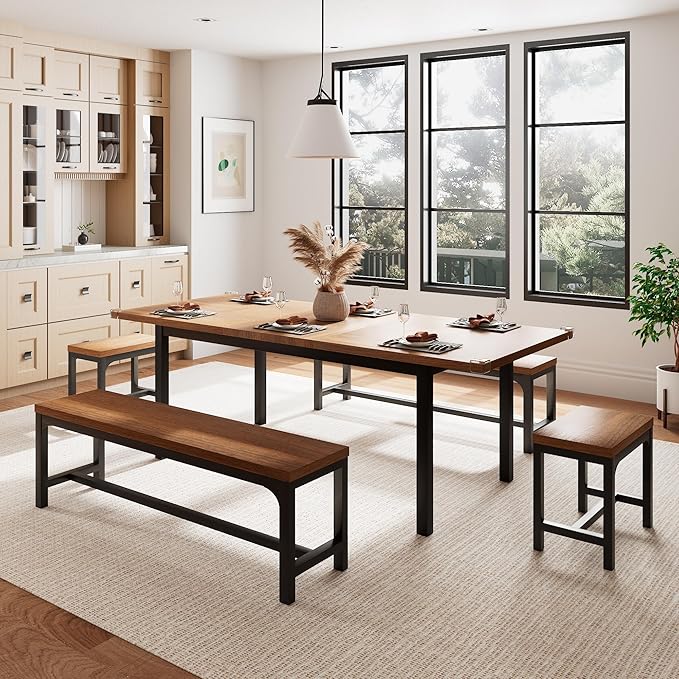 5 Pieces Dining Room Table Set for 4-6, 63" Extendable Kitchen Table Set with 2 Benches & 2 Stools, Small Dining Table Set with Metal Frame & MDF Board, Walnut