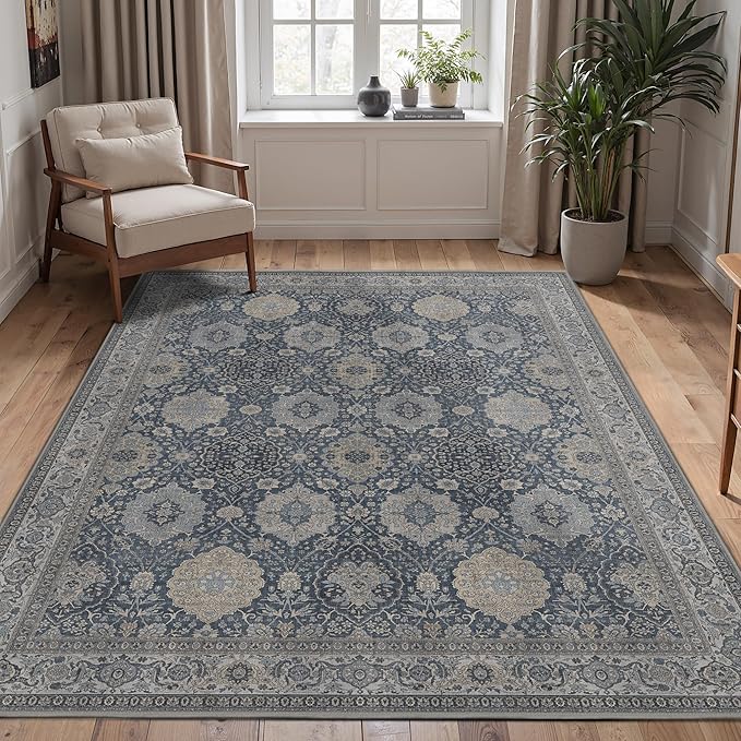 8X10 Area Rugs Machine Washable Rugs for Living Room, Vintage Boho Large Rugs for Bedroom Dining Room, Non Slip Indoor Soft Distressed Lightweight Thin Low Pile Carpet, Slate Blue