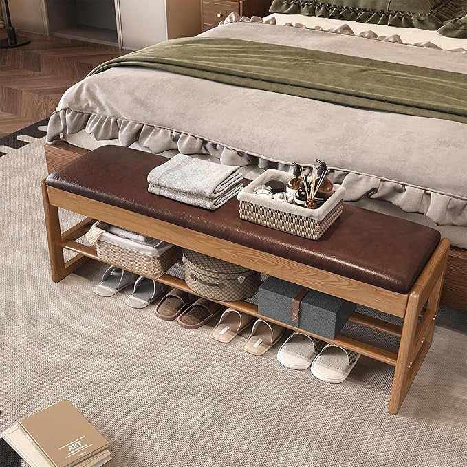 Shoe Rack Bench Seat Rubberwood 2-Tier Wooden Storage Bench 550lbs Compact Mid-Century Modern Design for Entryway, Hallway, Closet, Front Door Entrance, Foyer