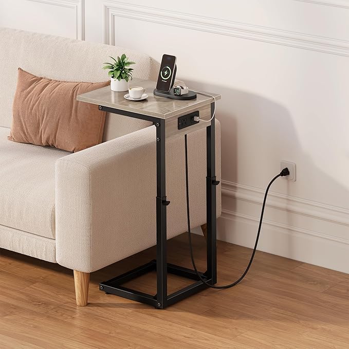 Vagusicc C Shaped End Table with Charging Station, 33" Tall Side Table for Couch, C Table Adjustable Height Small Couch Side Table, Slide Under Sofa Table TV Tray Table for Living Room, Bedroom, Grey