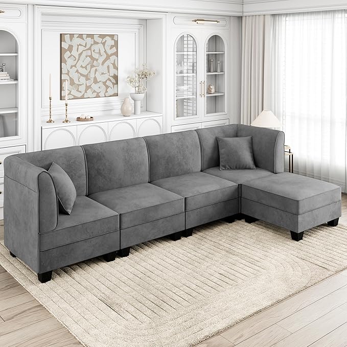 Shintenchi 5 Pieces Sectional Couch Modular Sofa,U Shaped Reversible Chaise Velvet SofaCouch with Cushions,Modular Sectional Sofa with Ottoman for Living Room (Dark Grey)