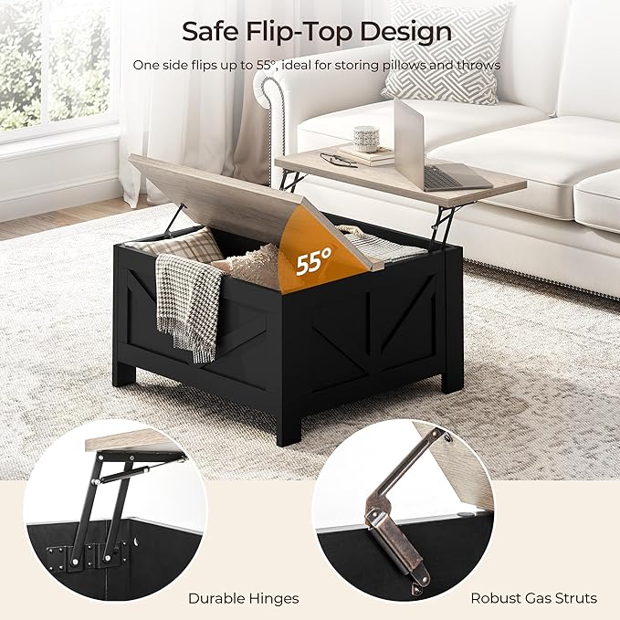 Yaheetech Lift Top Coffee Table with Storage, Square Coffee Table for Living Room, 31.5 Inches Center Tables with Large Hidden Storage Compartment for Home Office, Black&Gray