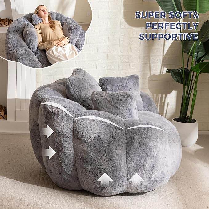MAXYOYO Bean Bag Chair with 3 Pillows, Oversized Floral Shaped Bean Bag Sofa for Adults, Ultra Soft Faux Fur Floor Sofa, Large Stuffed Reading Chair for Living Room Bedroom, Grey
