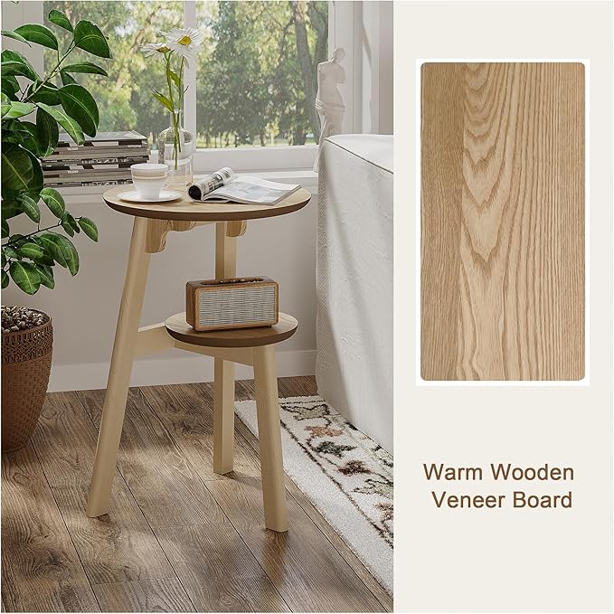 ChooChoo Round End Table Set of 2, Narrow Side Table for Small Spaces, Accent Table Night Stand with 2 Tier Shelf for Bedroom and Living Room, Natural