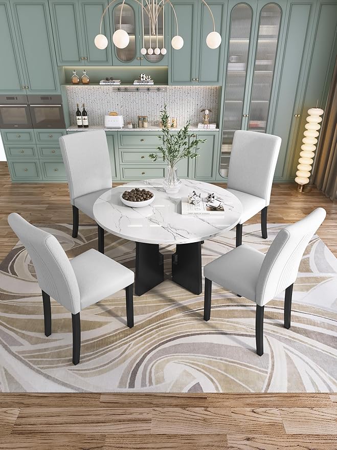 Merax 5-Piece Round Dining Table Set, Modern 4 Upholstered Chairs for Living,Kitchen Room, 43 Inch, Beige+White
