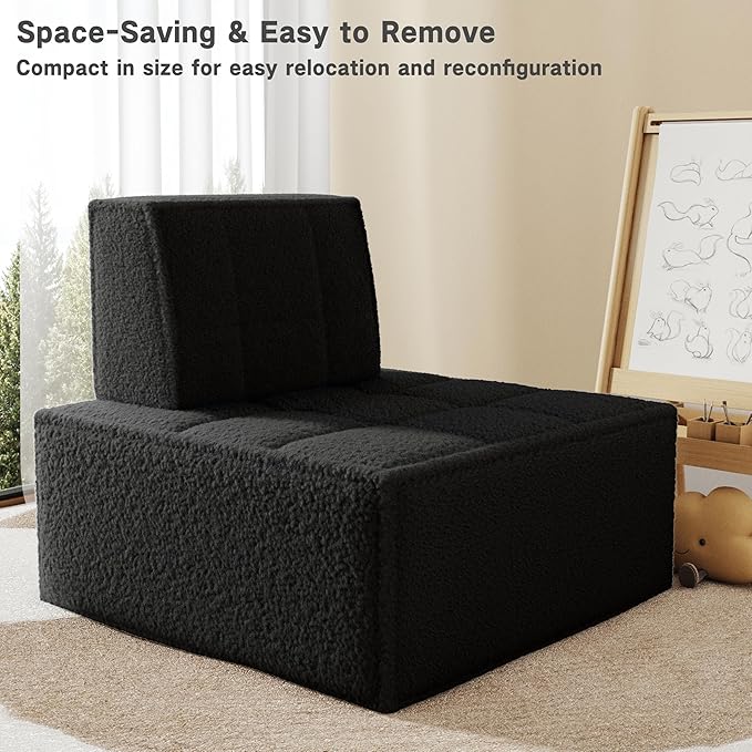 Modular Sherpa Sofa Chair, Cozy Floor Lounge Seating, No Armrests, Small Sofa for Small Spaces, Reading Nook, or Apartment Living, Single, Black