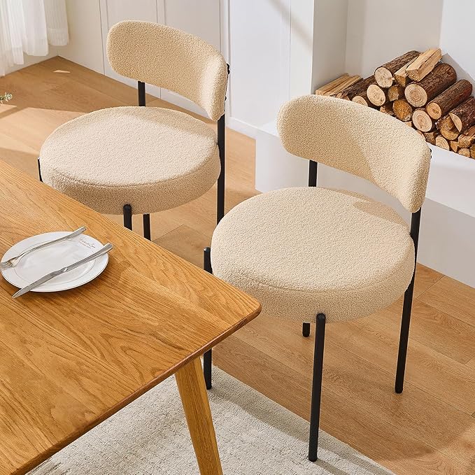 Dining Chairs Set of 4, Beige Boucle Dining Chair, Curved Backrest Upholstered Dining Room Chairs with Black Metal Legs, Mid Century Modern Dining Chairs for Kitchen, Living Room, Beige